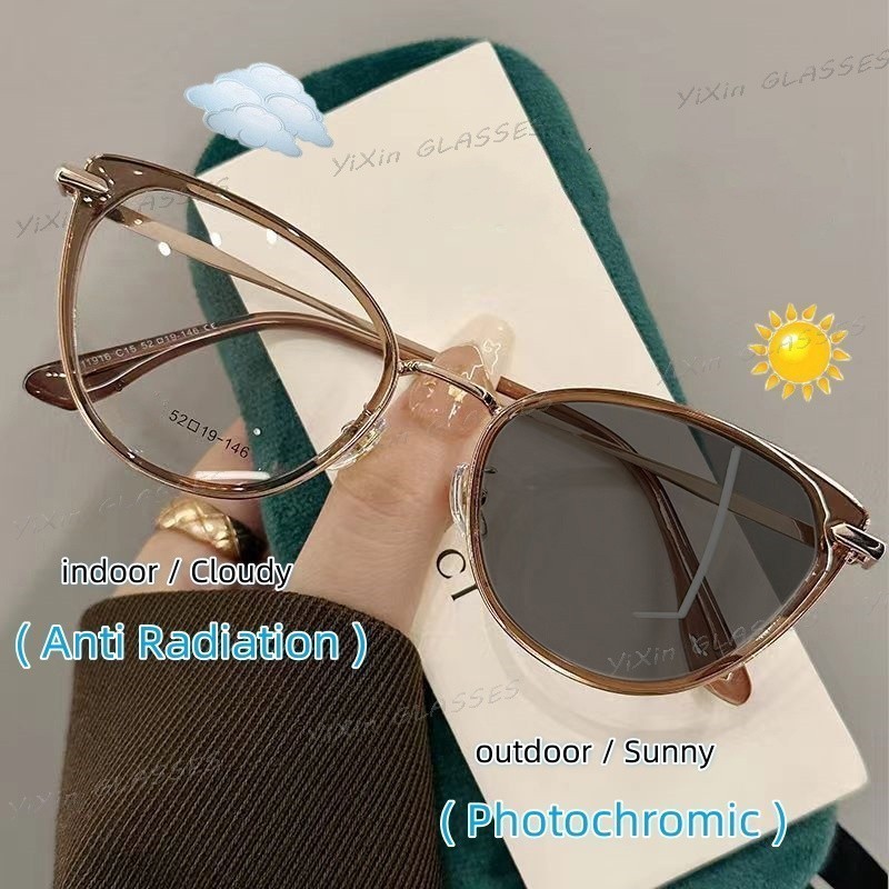 ป้องกันรังสี Photochromic Cat Eye แว่นตาสําหรับผู้หญิง Anti Blue Light แว่นตา Retro กรอบขนาดเล็กกลางแจ้ง UV Protection แว่นตากันแดด Shades สําหรับผู้หญิงผู้ชาย