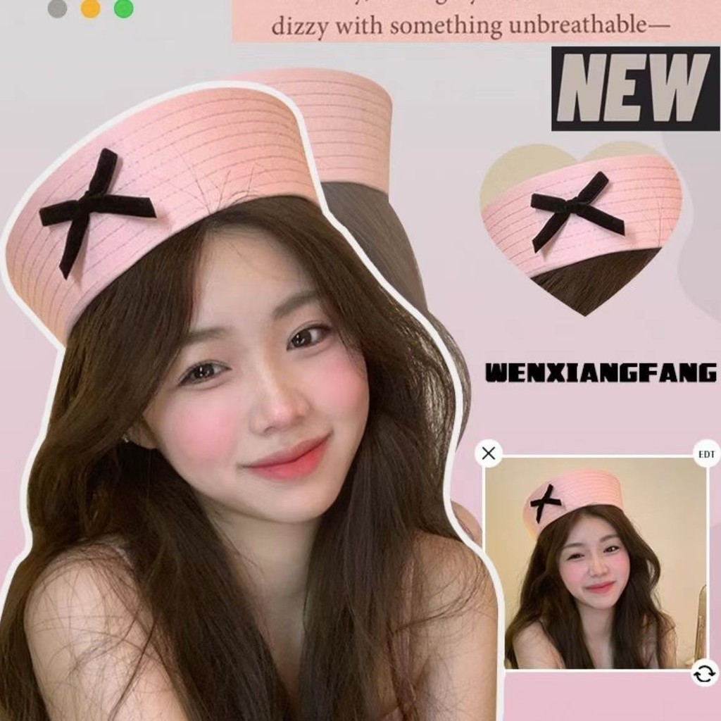 เวอร์ชั่นเกาหลี All-Match Sweet Beret สาวโบว์น่ารักสีชมพูชุดกะลาสี JK Navy หมวกเส้นรอบวงหัวใหญ่ 7.16
