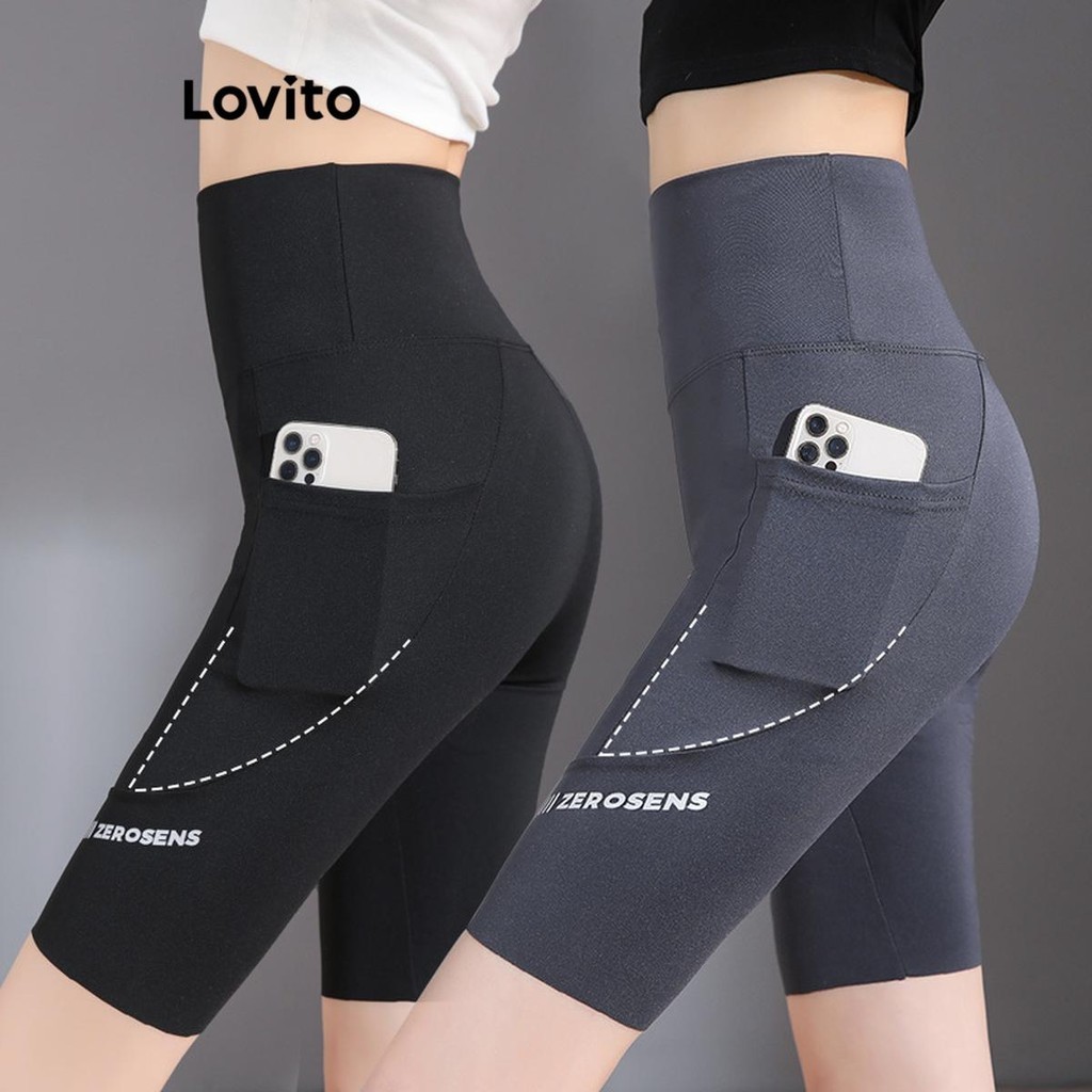 Lovito กางเกงเลกกิ้งผู้หญิง ใส่เล่นกีฬา มีกระเป๋า สีพื้น สไตล์สปอร์ต LNE52479