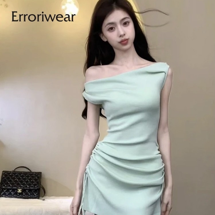 Erroriwearผู้หญิงมินิเดรส 2024 แฟชั่นOne-Wordไหล่Slim-Fitแขนสั้นจีบBodycon
