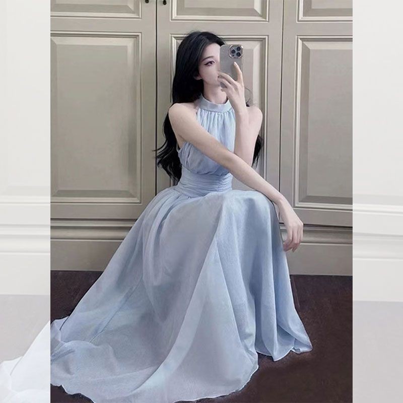 Caila ฝรั่งเศสอ่อนโยนอารมณ์หวาน High-End ชุด Slim-fit แคบเอว Blue Fairy Halterneck ฤดูร้อนสไตล์ใหม่แขนกุดชุดฤดูร้อนชุดยาวชุด Slimmer ดูชุดฤดูร้อน ราคา ถูกที่สุด ดีลบีเคเค แกลเลอรีภาพที่ 6