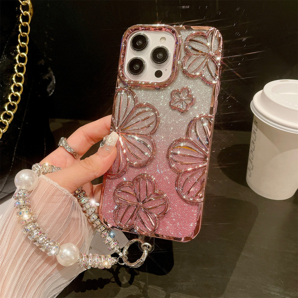 3d สร้อยข้อมือดอกไม้เคสโทรศัพท์สําหรับ iPhone 16 11 12 13 14 15 pro max 15 16 plus Anti drop เลนส์ป้องกันกันกระแทก Cove soft case เคสป้องกันโทรศัพท์