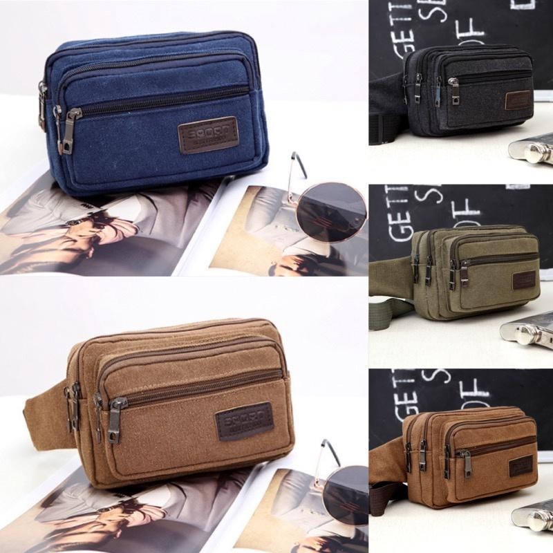 W99#กระเป๋าคาดเอว ซิปเยอะมีหลายช่อง งานผ้าแคนวาส