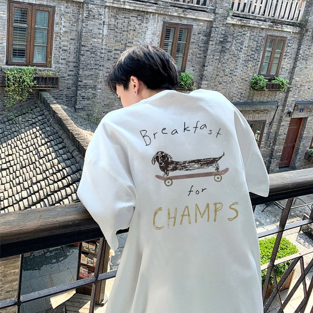 TeeTwoOne สไตล์เกาหลี เสื้อยืดโอเวอร์ไซส์ "CHAMPS"พิมพ์ลาย ผ้าคอตตอน100% ผ้าฝ้ายใส่สบาย ผู้ชายและผู้หญิง