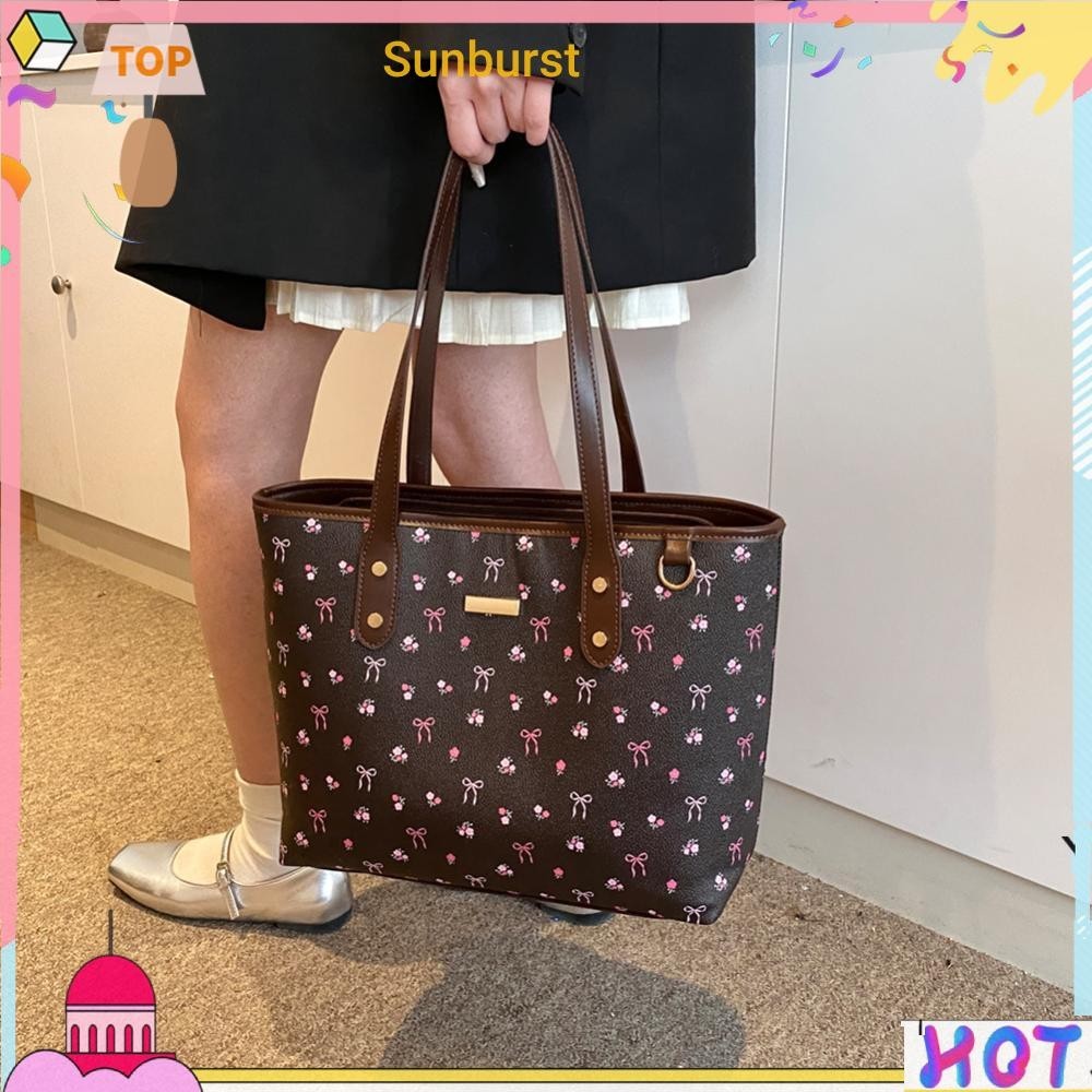 ผู้หญิง PU Floral Tote Bag กระเป๋าสะพายแฟชั่น Simple Tote Handbag Top Handle Bag [Sunburst11.th]