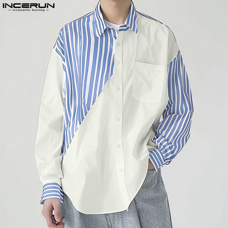 Incerun เสื้อเชิ้ตผู้ชายแขนยาวลายเกาหลี Patchwork Color Blocking