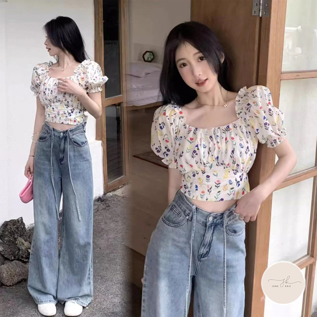 เสื้อครอปคอเหลี่ยมแขนตุ๊กตา ลายดอกไม้สุดน่ารักมินิมอล รุ่นใหม่สุดฮิต – โปรปัง