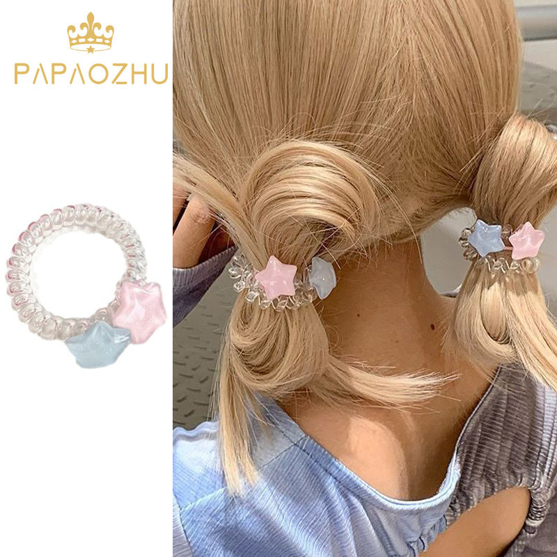 Papaozhu Y2K สีฟ้าสีชมพูโทรศัพท์สายเกลียวผม Ties Scrunchies สําหรับผู้หญิงเด็กแฟชั่นยางรัดผมแหวนผู้ถือผมหางม้า