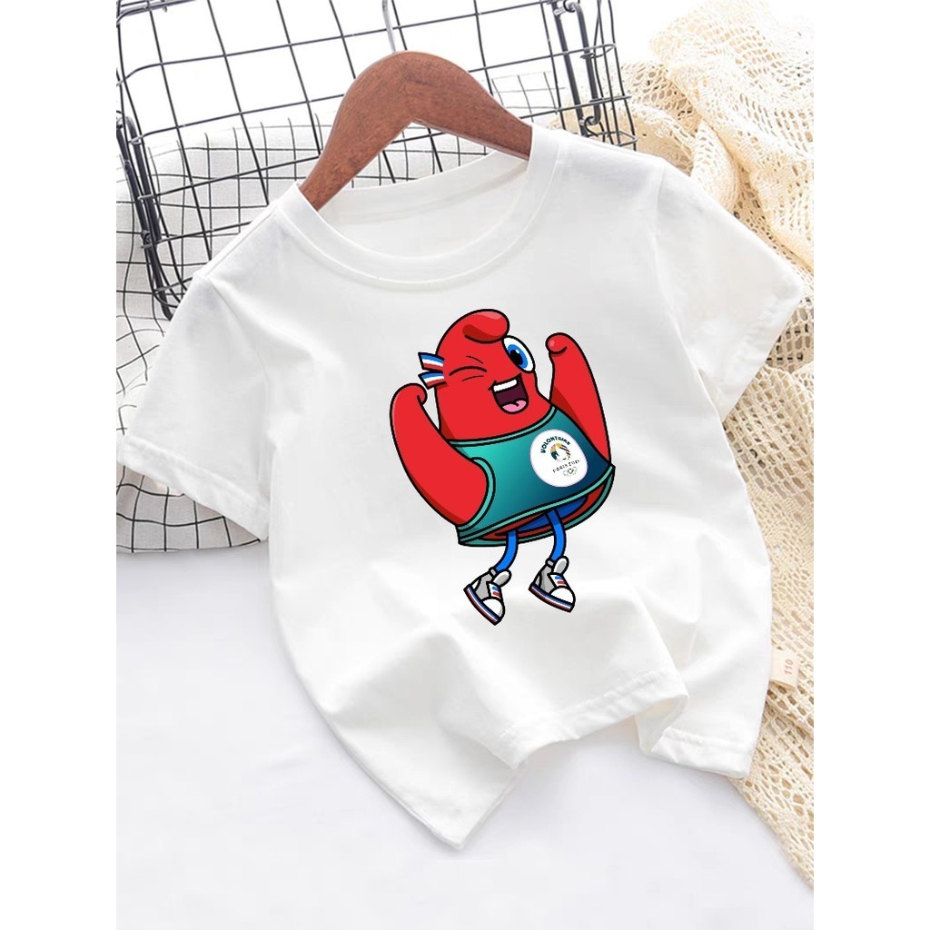 2024 Paris Olympic Games Phryge unisex kids' T-Shirt มาสคอตปารีสเกมรอบแขนสั้นแฟชั่นอินเทรนด์ 100-150