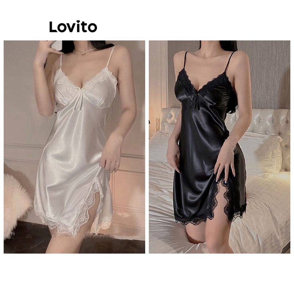 Lovito ชุดนอนกระโปรงผู้หญิง แต่งลูกไม้ สีพื้น เซ็กซี่ LNE59270