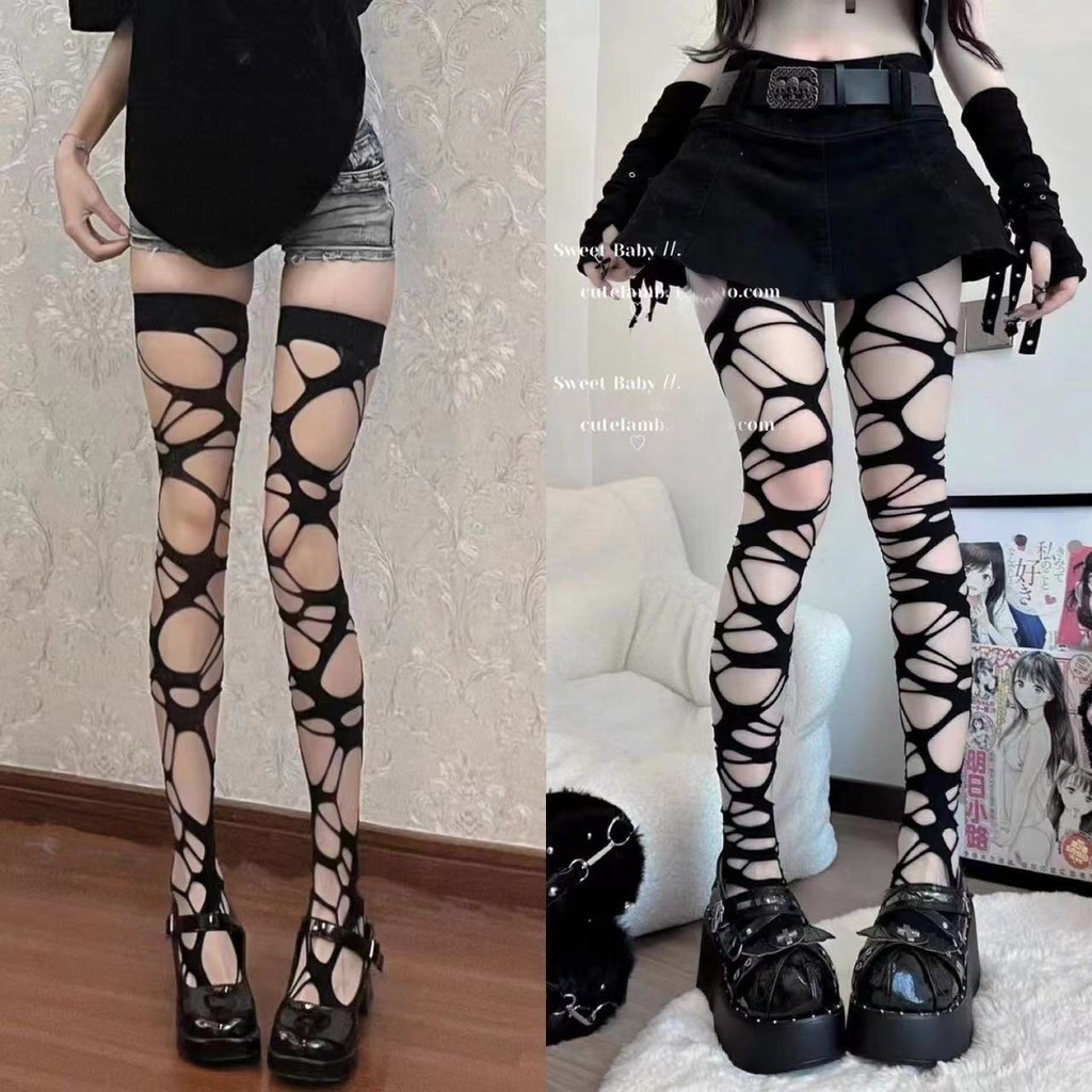 X-orange โฮมเมด Gothic Punkle เนื้อสาวร้อนเอเชียวัฒนธรรมสีดํา Ripped ถุงน่องกางเกงขายาว Fishnet ถุงน่อง y2k Millennium ฤดูร้อนสไตล์ใหม่สบายๆเสื้อผ้าผู้หญิง