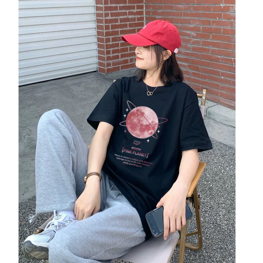 🌎Shop_mkl🌎เสื้อยืด คอกลมแขนสั้น ลายรูปโลกสีชมพู สไตล์เกาหลี🌎#9603-2