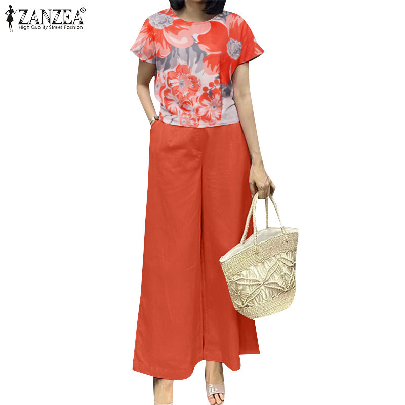 ZANZEA ใส่ ซานเซีย ผู้หญิงเกาหลีลําลองพิมพ์รอบคอแขนสั้นท็อปส์กางเกง