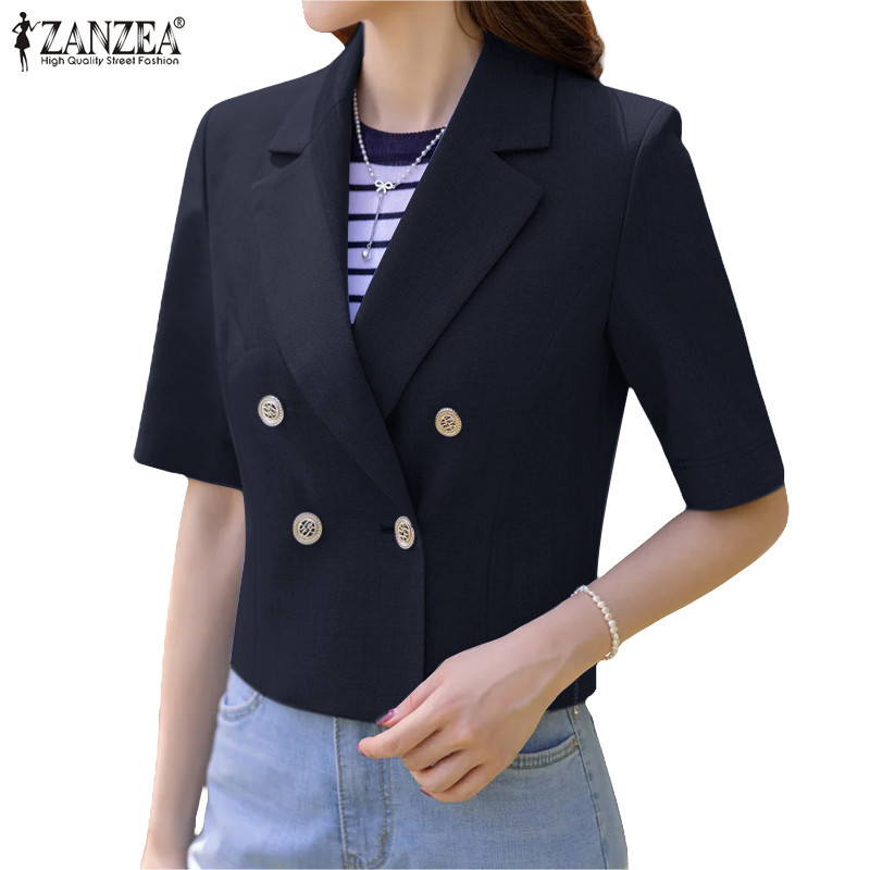 Zanzea ผู้หญิงแฟชั่นเกาหลี Turn-Down-Collar สีธรรมดาแขนสั้น Cutoff Holiday Blazer