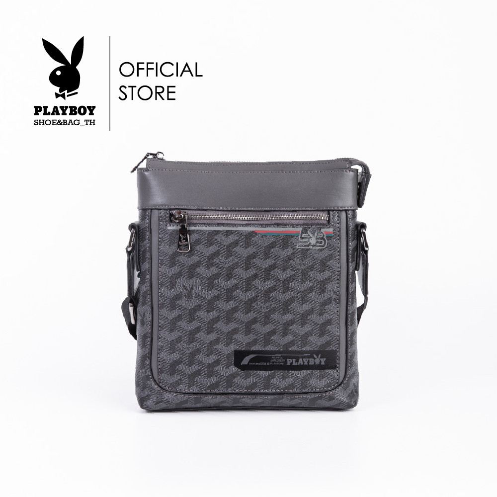 Playboy:Splendid Men's Bag กระเป๋าสะพายข้างผู้ชาย รุ่น ST-B242PBM278-GY ดีไซน์ทรงเเมสเซนเจอร์ลายสามมิติ สีเทา