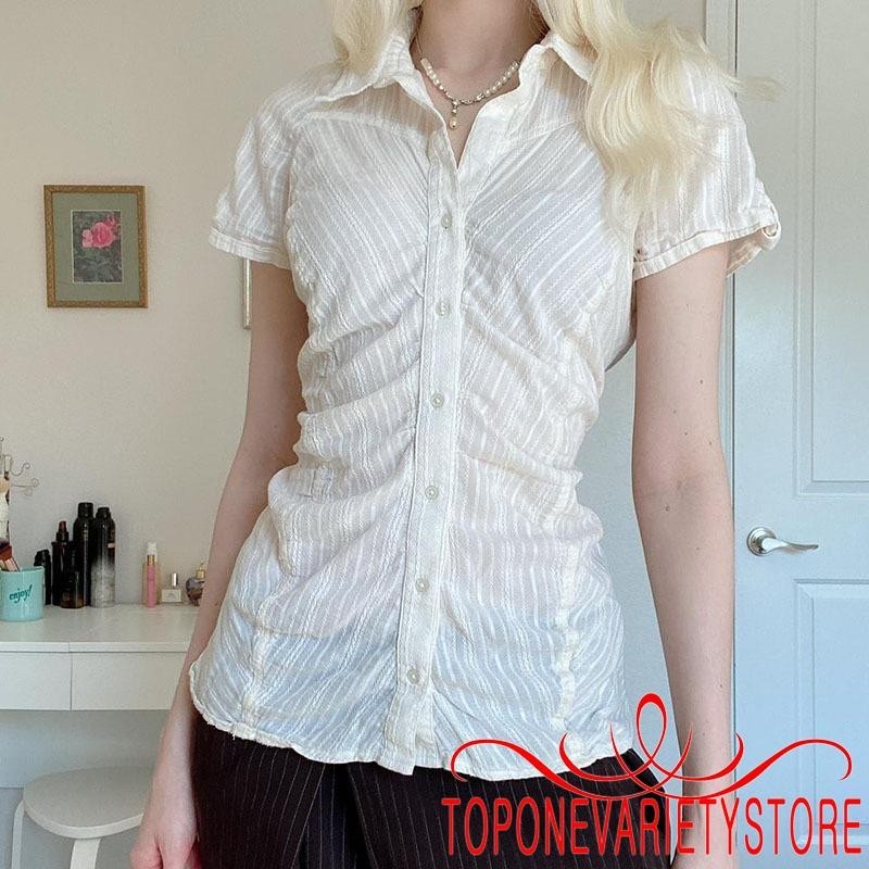 Topone-women Button-up Short Sleeve Lapel Neck Slim Fit See Through Pinstripes เสื้อเชิ้ตสีขาว