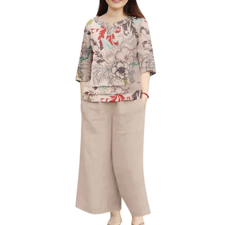 ZANZEA ใส่ ซานเซีย ผู้หญิงเกาหลีลําลองแขนสามในสี่กระเป๋าพิมพ์จีบออกแบบท็อปส์กางเกง