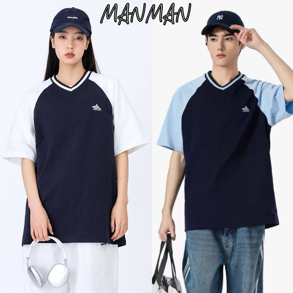 MANMAN เสื้อผู้ชาย เสื้อยืดกีฬา ฤดูร้อนแขนสั้น ชุดสำหรับคู่รัก คอวี แขนใส่ไหล่ ระบายอากาศได้