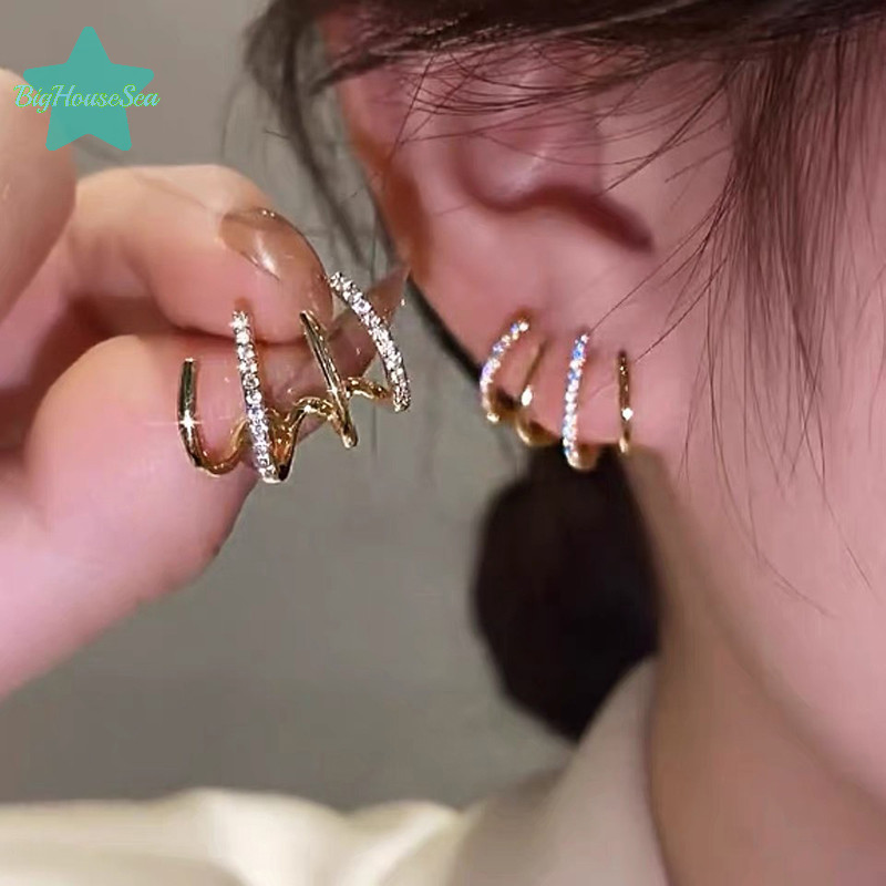 [BigHouseSea] ต่างหูแบบหนีบหูเล็บเกาหลีสําหรับผู้หญิง Four-Prong Setg ต่างหูหูสีทองเครื่องประดับแฟชั่นของขวัญปีใหม่ใหม่