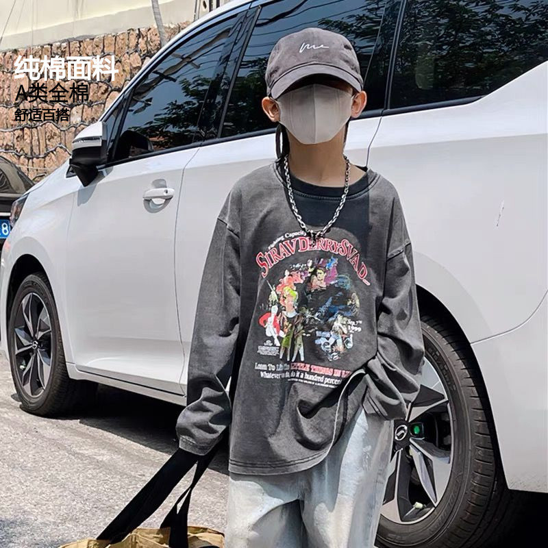 ล้างด้อยผ้าฝ้ายแท้เด็กแขนยาวเสื้อยืดจดหมายพิมพ์เวอร์ชั่นเกาหลีแฟชั่นสตรีทแดนซ์สวมใส่ด้านนอกเย็น จุดต่ําสุด