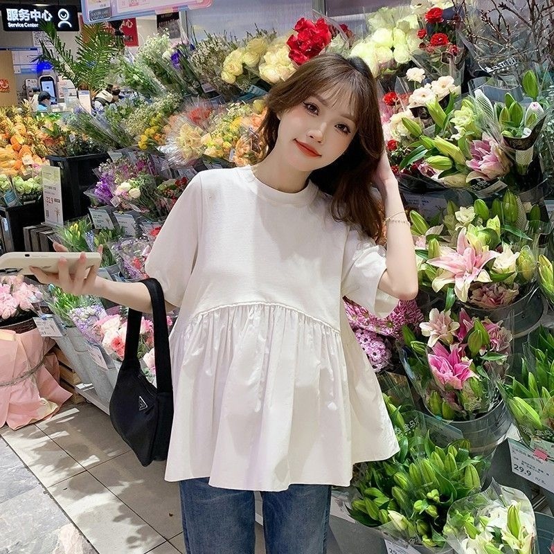 Coco~เสื้อยืดผู้หญิง หญิงตั้งครรภ์ สีทึบ สไตล์สบาย ๆ หลวม ๆ แฟชั่นเวอร์ชั่นเกาหลี