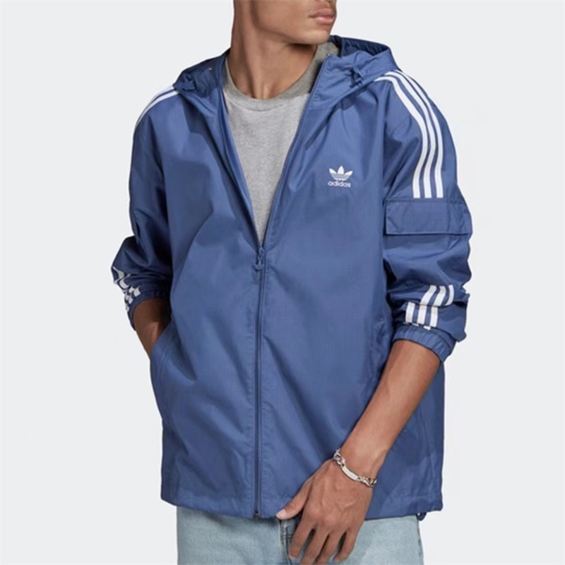 โลโก้ปัก Adidas Original Unisex Windbreaker กีฬากลางแจ้ง Windbreaker Hooded Jacket Bomber Jacket