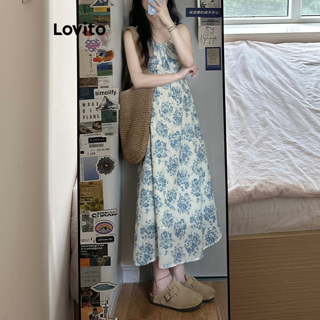 Lovito ชุดเดรสจับจีบลายดอกไม้ลำลองสำหรับผู้หญิง LNE74194