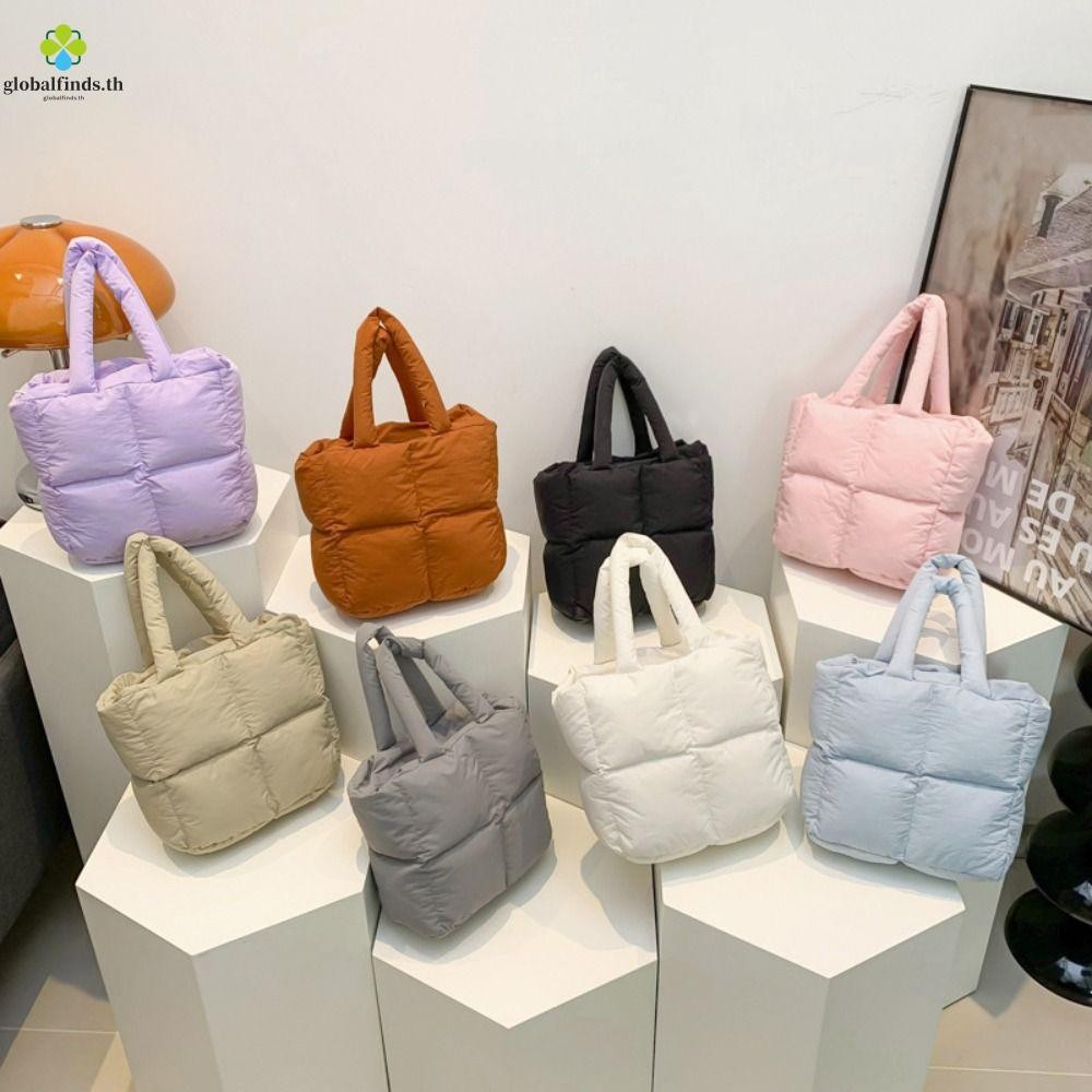 Lfinds Space Cotton กระเป๋าถือ, สีทึบไนลอน Cloud Tote Bag, แฟชั่นเบาะความจุขนาดใหญ่ Handle Puffy กระเป๋าสะพายทุกวัน