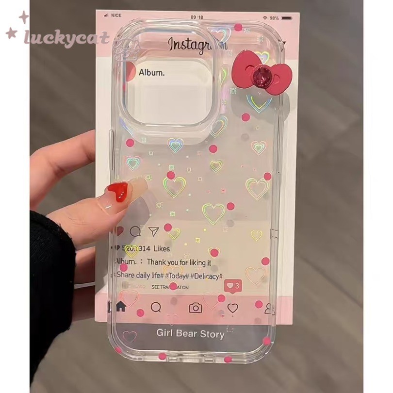 Iphone 15 14 13 12 11 Pro Max X Xr Xs Max 7 8 Plus SE2020 เคสโทรศัพท์ Ins จุดสีชมพูสดหัวใจรักสีชมพูโบว์ใสปกอ่อน