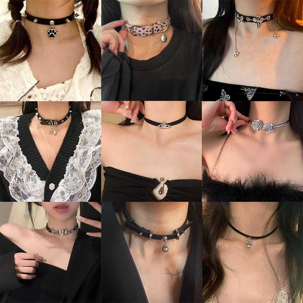 สร้อยคอโชคเกอร์หนังแฟชั่นสําหรับผู้หญิงเทรนด์ข้ามกะโหลกระฆังจี้กระดูกไหปลาร้าโซ่เครื่องประดับ