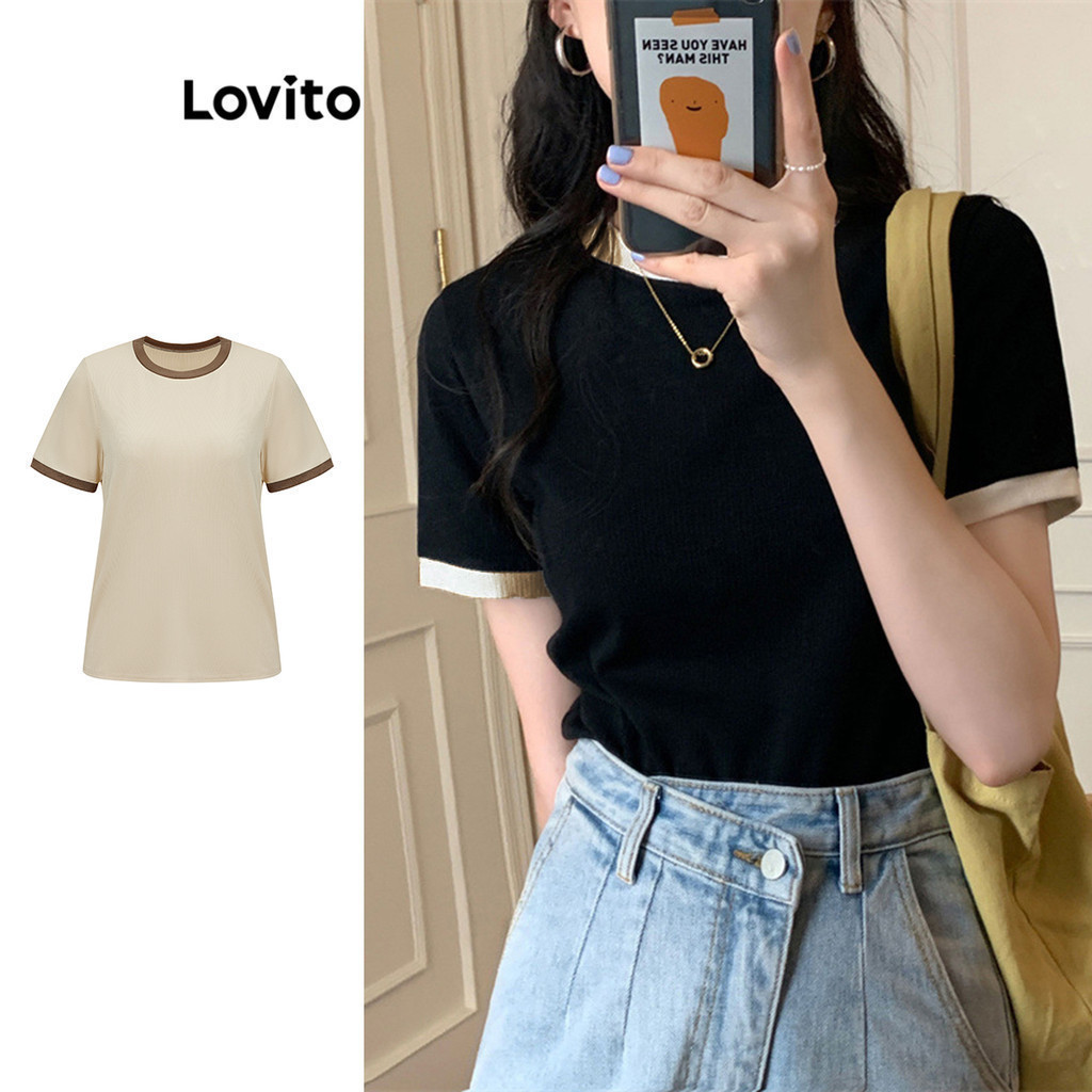 Lovito เสื้อยืดลำลอง สีพื้น คัลเลอร์บล็อค คอนทราสท์ไบดิ้ง สำหรับผู้หญิง LNE17059 (หลากสี)