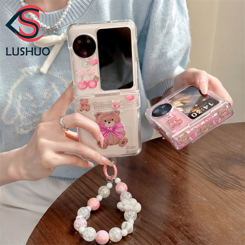 SAMSUNG Lushuoเคสโทรศัพท์สําหรับsamsung Galaxy Z Flip 6 5 4 3 OPPOค้นหาN2 Flip N3 Flipน่ารักหมีPC Hardปกหลังพร้อมสร้อยข้อมือสําหรับFlip3 Flip4 Flip5 Flip6 N2Flip N3Flip