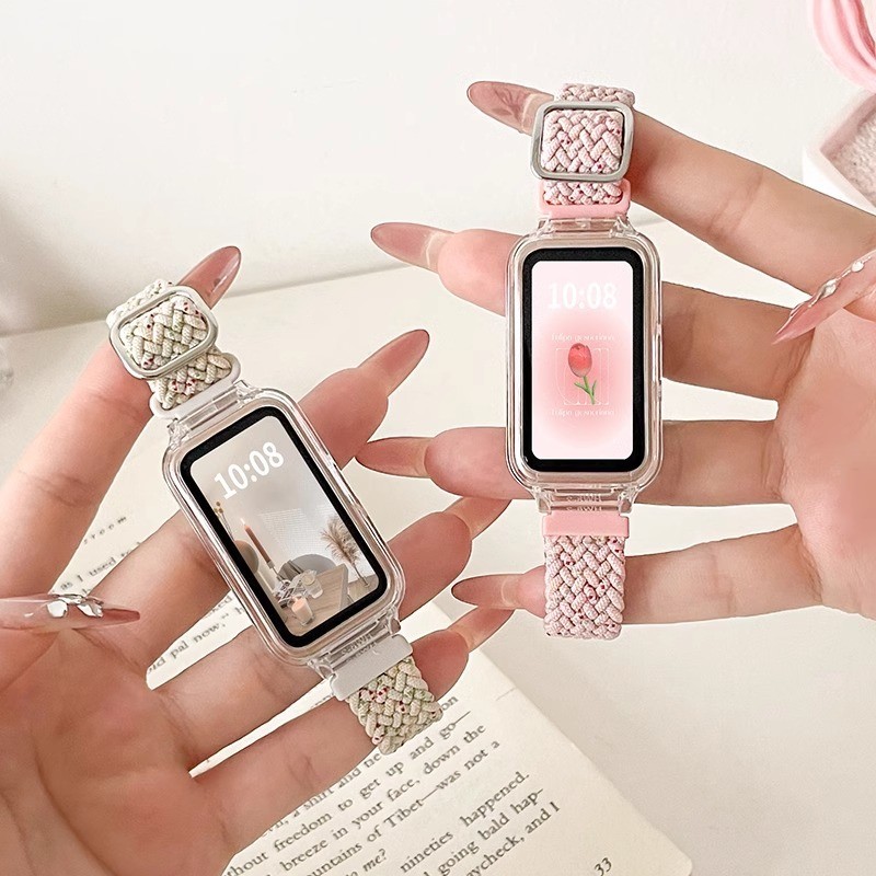 สายรัดไนลอนแบบปรับได้พร้อมเคสสําหรับ Redmi Smart Band 3 2 สมาร์ทวอท์ชสร้อยข้อมือยืดหยุ่นสําหรับ Xiaomi Smart Band 9 Active / 8 Active Braided Solo Loop สายรัดข้อมือ