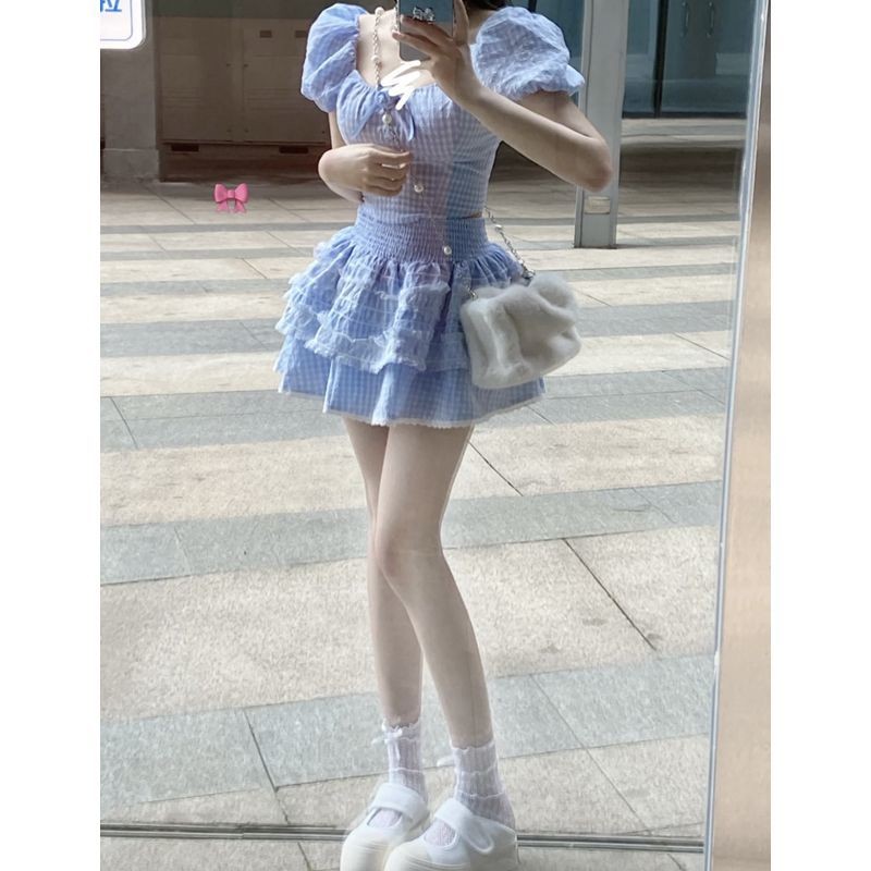 ฤดูร้อนใหม่ผู้หญิงบาง Preppy สไตล์ชุดสีฟ้าลายสก๊อต Rose พัฟแขนสั้นครึ่งความยาวพัฟกระโปรงสั้นแฟชั่นลูกไม้เย็บ