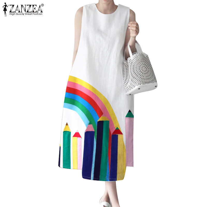 ZANZEA ใส่ ซานเซีย ผู้หญิงเกาหลีลูกเรือคอลูกวัวความยาวแขนกุดพิมพ์กระเป๋าปุ่มชุด