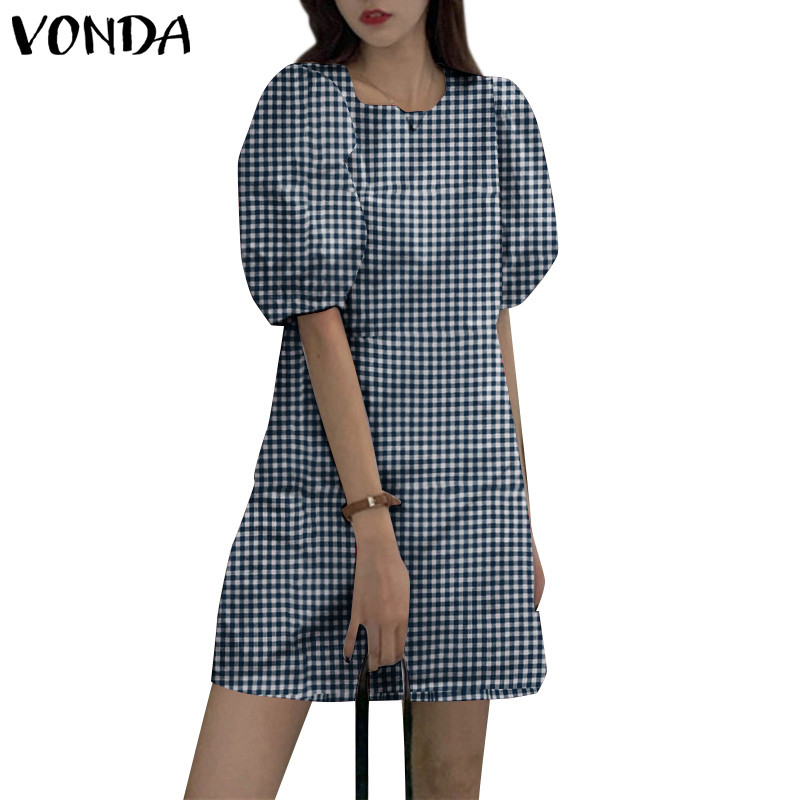 Vonda ชุดเดรสแขนสั้นยาวปานกลางลายสก๊อตคอกลมผู้หญิงเกาหลี