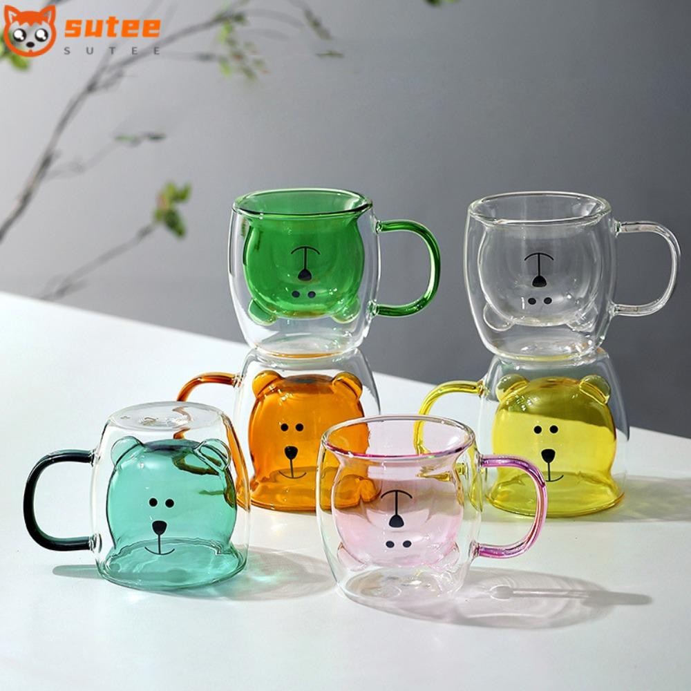 น้ํา ถ้วย, แก้วกาแฟแก้ว250มล, การ์ตูนหมีทนความร้อนใสผนังคู่น้ําผลไม้ขวดนมของขวัญ