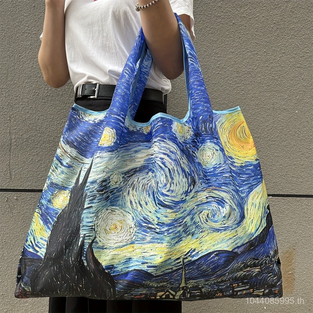 กระเป๋าโท้ทไนลอนพับได้ ดีไซน์ Starry Night น้ําหนักเบา ใช้ซ้ําได้ พร้อมหูหิ้วพกพา