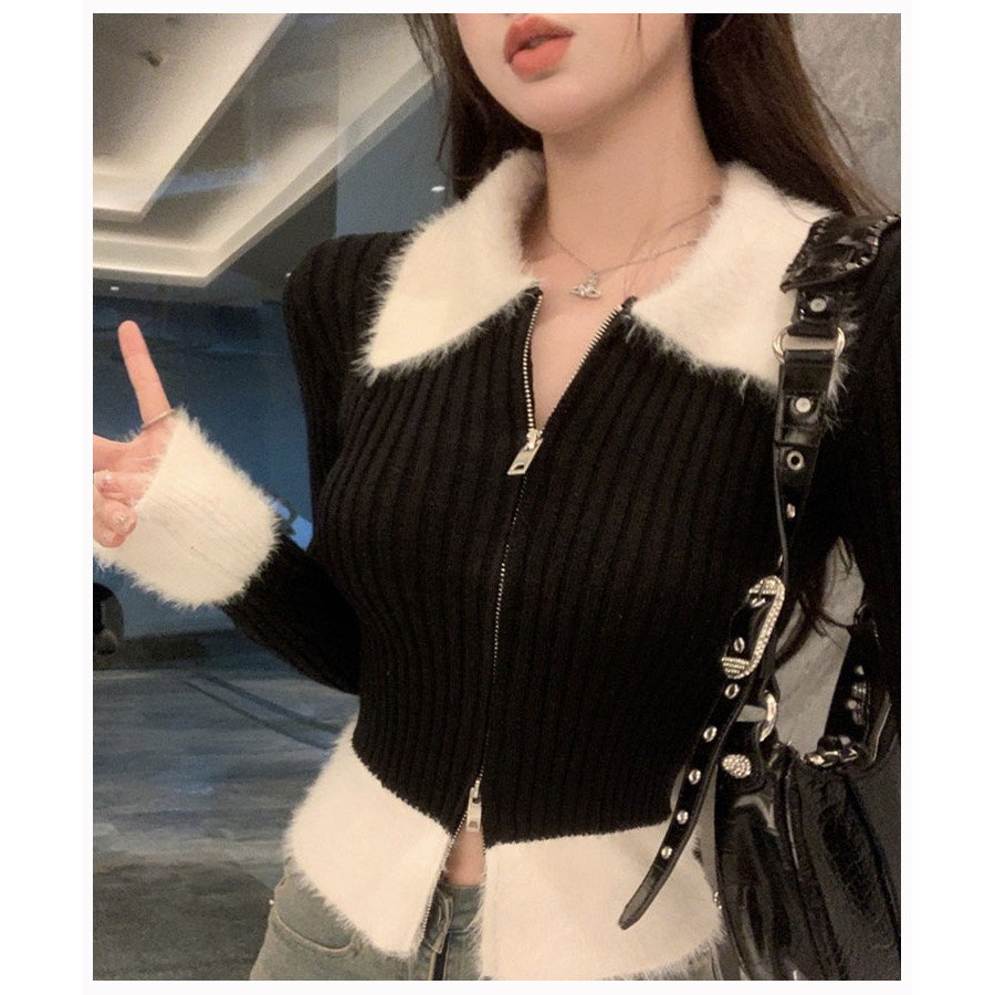 เสื้อสเวตเตอร์ถักคาร์ดิแกนถักแบบซิปสไตล์เกาหลี