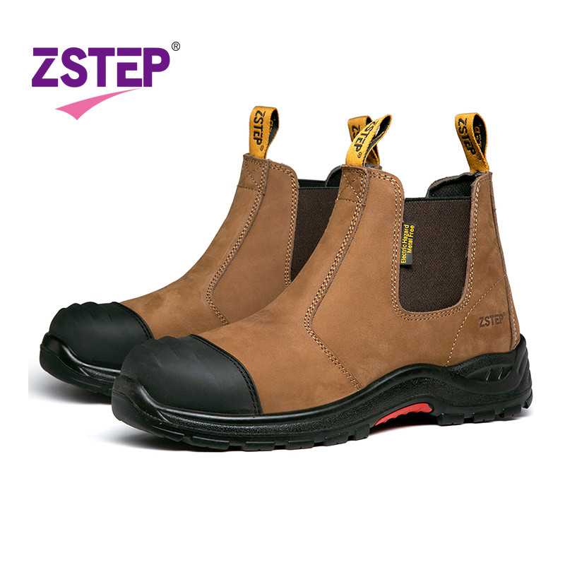 Zstep รองเท้านิรภัยรองเท้านิ้วเท้าเหล็กเชลซีป้องกันการกระแทกป้องกันการเจาะสีน้ําตาลไซส์ 39-46