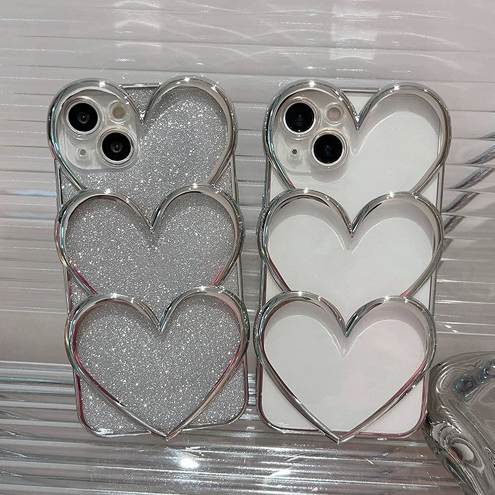 Ins สีทึบเงิน Overlap Love Heart ชุบเคสโทรศัพท์เรียบง่ายสําหรับ iPhone 16 Pro Max 16 Pro 16 15 14 13 12 Pro Max 11 ครอบคลุมเต็มรูปแบบกันกระแทกป้องกัน