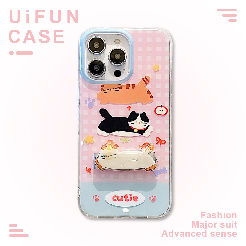 พรีเมี่ยมสีชมพู Checkered Cat ผู้ถือขาตั้งเคสโทรศัพท์สําหรับ iPhone 16 15 14 13 12 Pro Max 11 16Pro Big Hole IMD Anti-scratch Mobile Casing