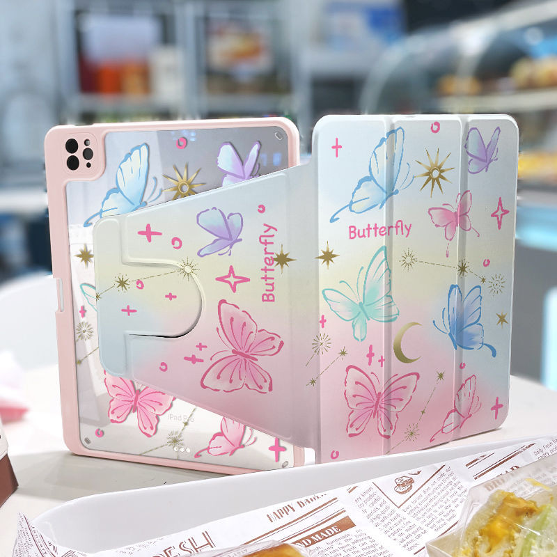 360 ° เคส iPad หมุนได้พร้อมช่องเสียบปากกาสีสันสดใสผีเสื้ออะคริลิค Backboard Pro11 2020 Gen10 Gen9 Gen8 Gen7 Gen6 Gen5 Air6 Air5 Air4 ฝาครอบ iPad หมุนได้