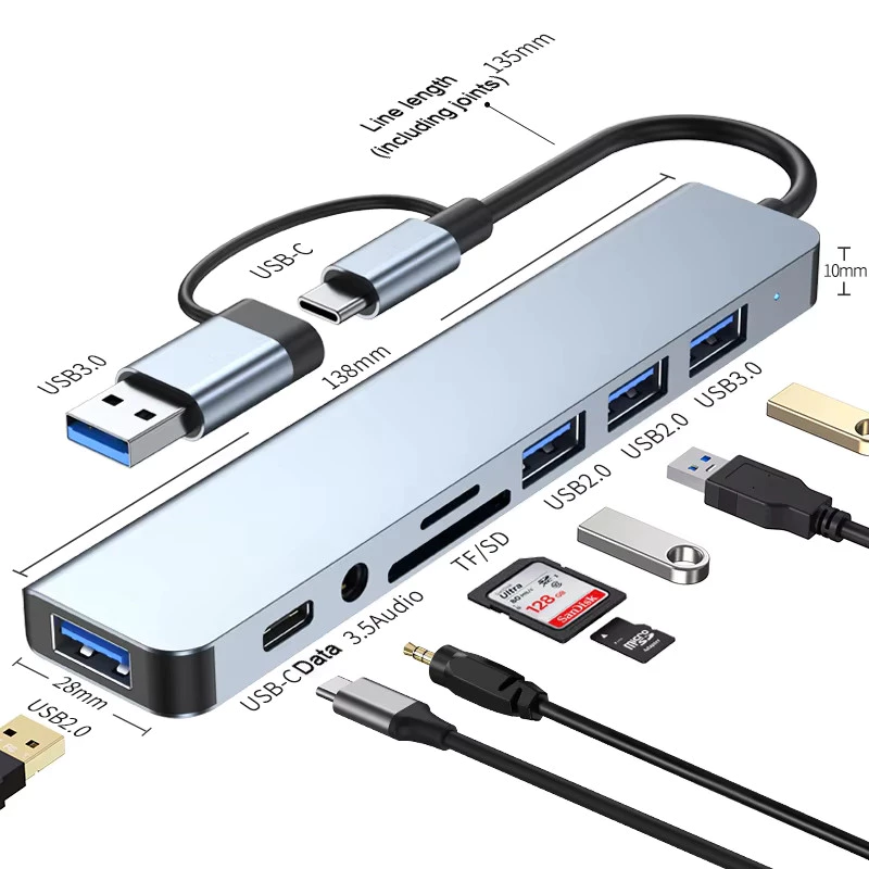 8 in 2 USB hubs Multiport Dock รองรับ TF/PD อ่าน USB 3.5 มม. Audio TYPE C Multi-Port รองรับคอมพิวเตอร์ช่อง TYPE-C ทุกรุ่น