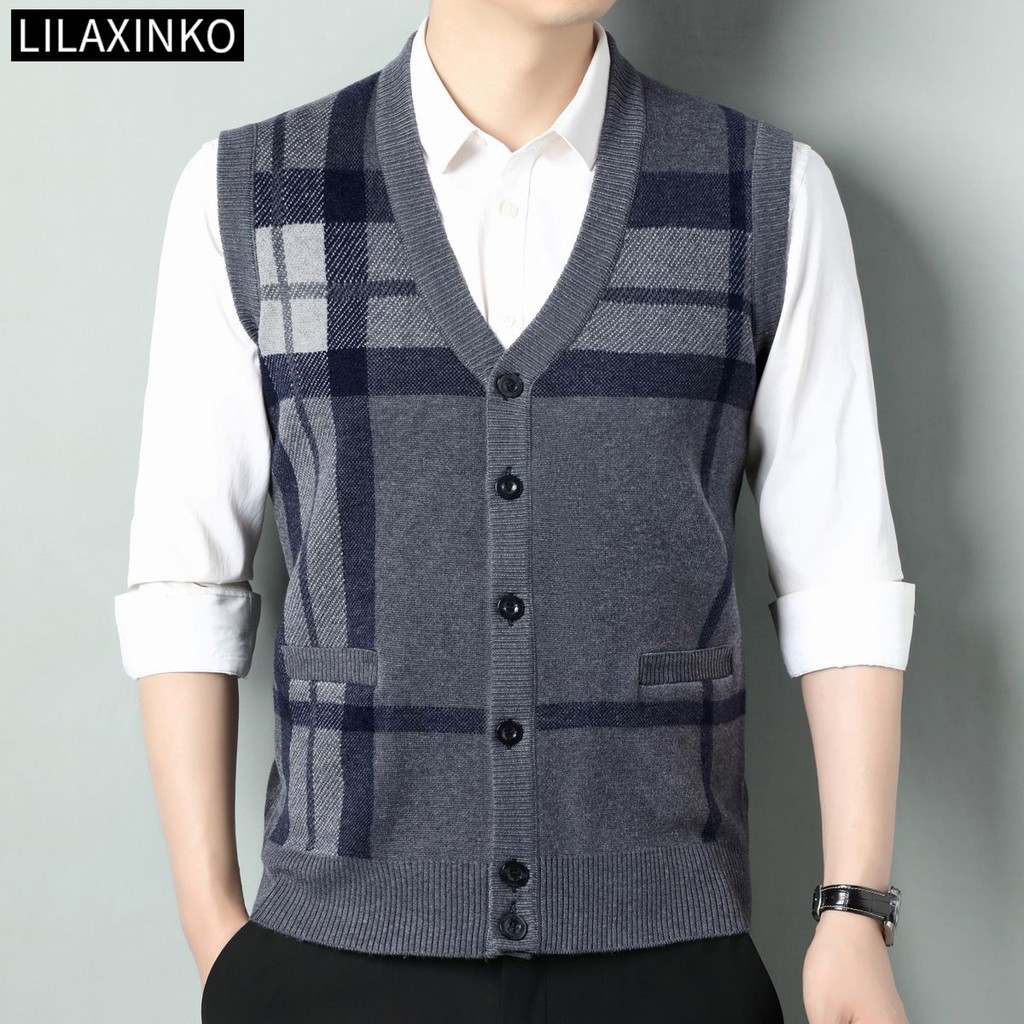 ผู้ชายลายแถบแขนกุดเสื้อกันหนาวถักเสื้อกั๊ก โวลต์ คอเสื้อกั๊กคาร์ดิแกนพื้นฐานด้านบนสบายๆคลาสสิกกระเป๋า