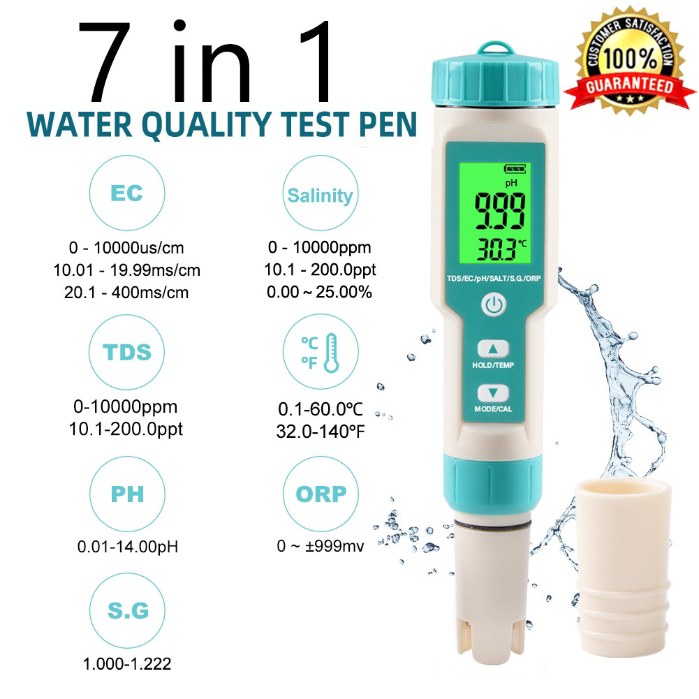 7 in 1เครื่องทดสอบคุณภาพน้ํา PH ORP EC TEMP SALT S.G TDS แบ็คไลท์ LCD อเนกประสงค์ ปากกาทดสอบคุณภาพน้ําเครื่องมือวัดน้ํา