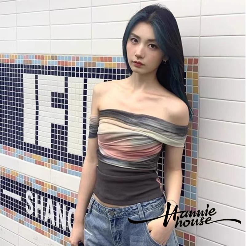 Hanie House- เสื้อยืดแขนสั้นฤดูร้อนสําหรับผู้หญิงตาข่าย Patchwork Off Shoulder