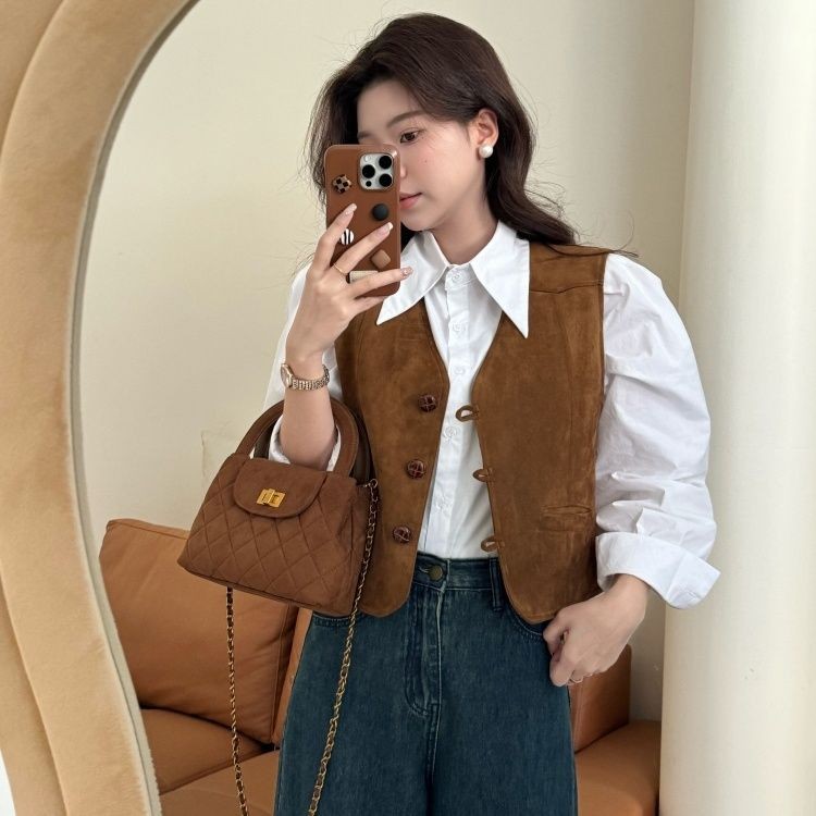 ใหม่หนังนิ่มวินเทจเสื้อกั๊กผู้หญิงคอวีลําลองสั้นคลิปเสื้อกั๊ก+เสื้อชุด