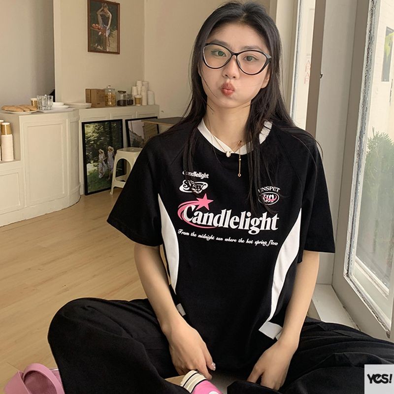 แฟชั่นอินเทรนด์เสื้อยืดสีบล็อกพิมพ์เสื้อยืดแขนสั้นผู้หญิงหลวมเสื้ออเนกประสงค์ YES
