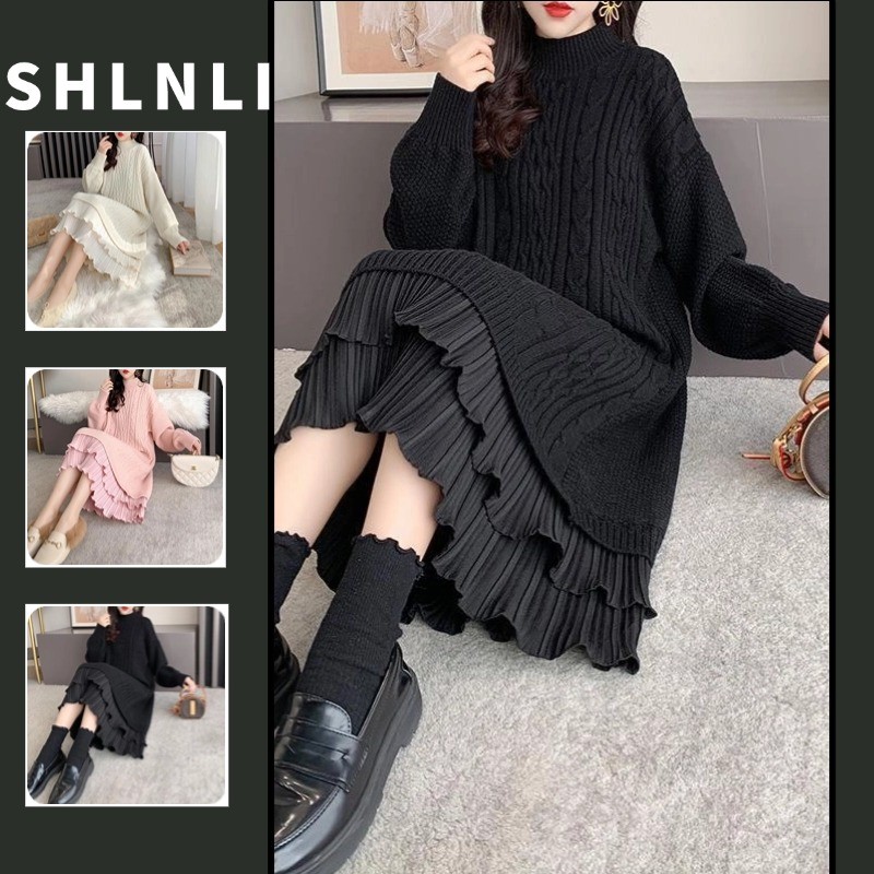 ฤดูใบไม้ร่วงฤดูหนาวของผู้หญิงสบายๆหลวมอบอุ่นกลางความยาวกึ่งสูงคอลูกไม้ชุดขน